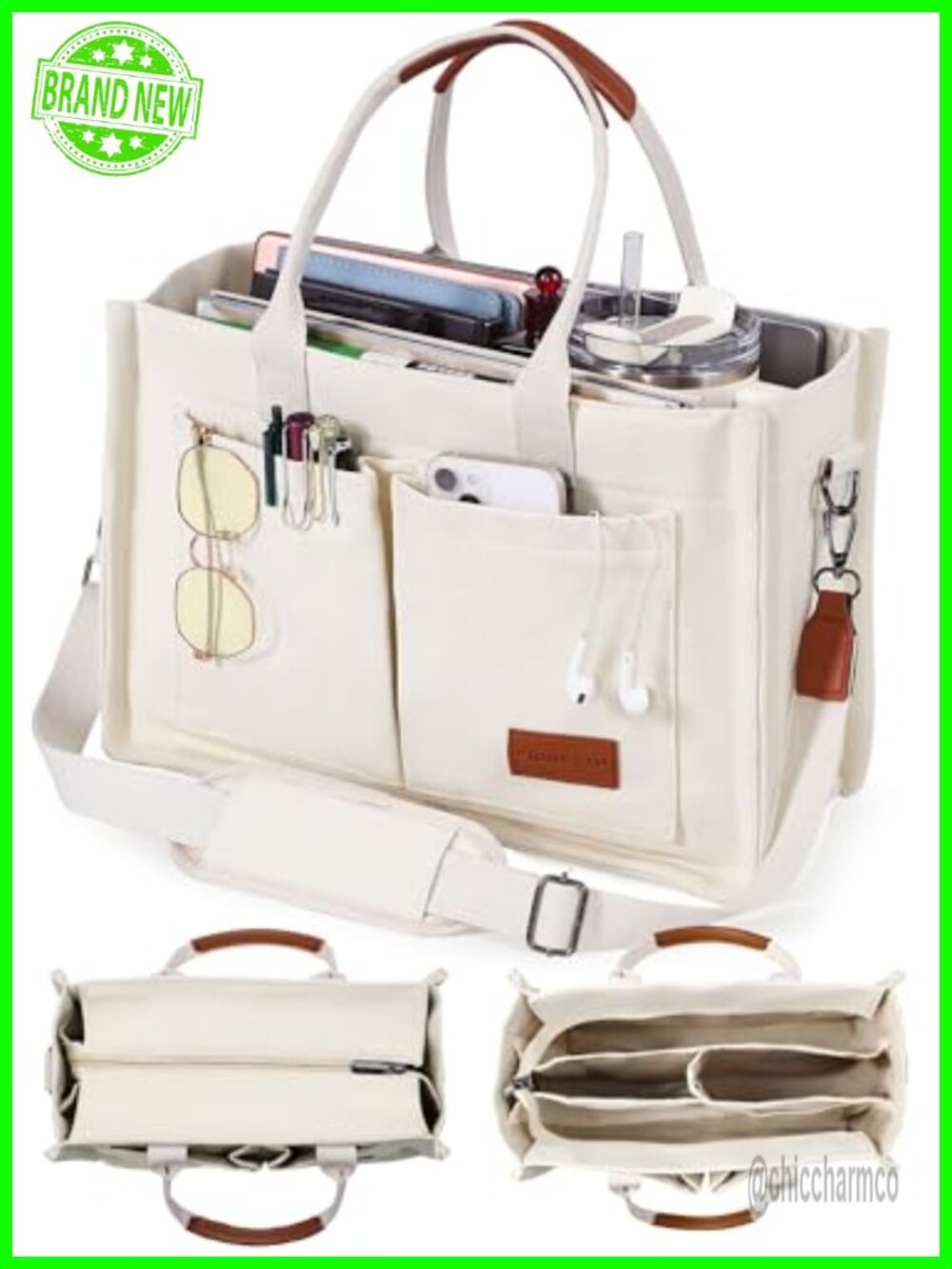Canvas Tote Bag for Women Zipper Closure Multiple Compartments Work College
